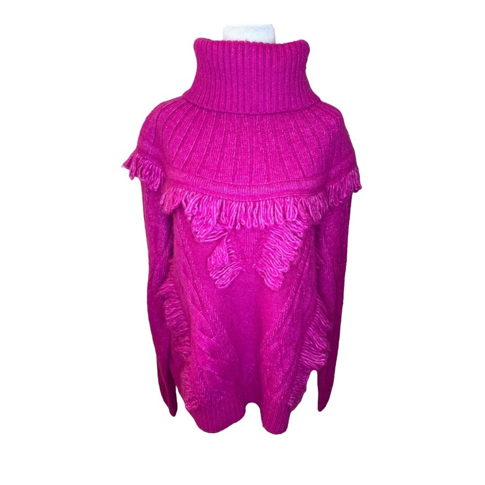 Ramy Brook Mya Sweater Fringe Trim Cable Knit Turtleneck Hot Pink Size Large NWT - Picture 2 of 9